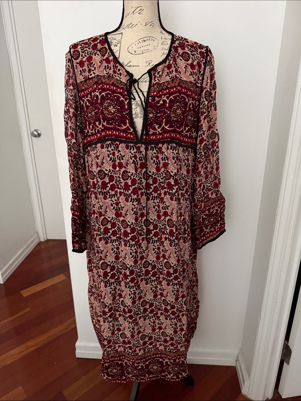 Zara Red Floral Midi Dress with Tie Neck